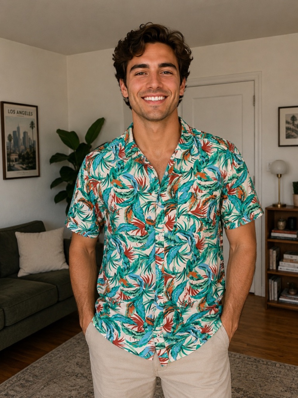 Free Planet Short-Sleeve Hawaiian Tropical Leaf Shirt - Teal & Orange
